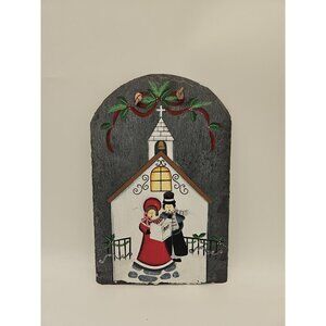 Vintage Hand Painted On Slate Christmas Snow Scene Church Carolers Hanging